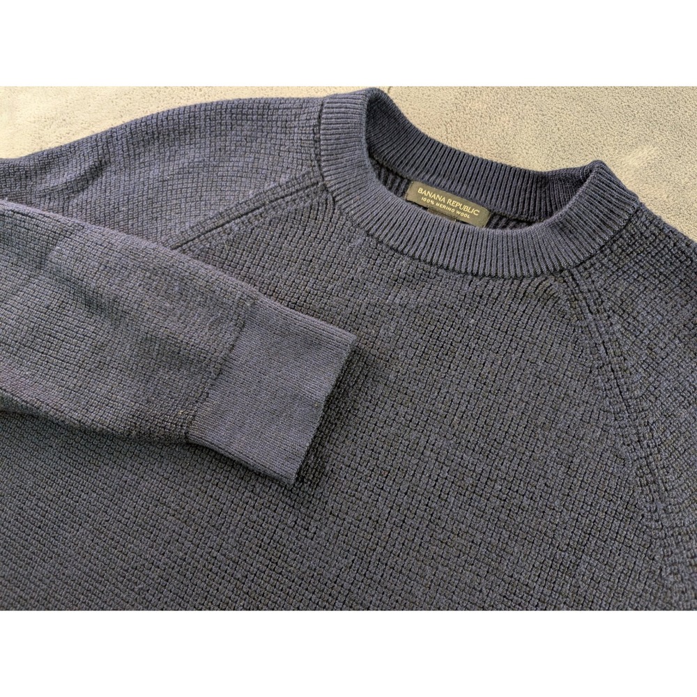 Banana Republic Mens XL Navy 100% Merino Wool Plaited Thick Waffle Knit Sweater